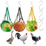 Hähnchen Futterautomat, Hühner Futternetz zum Aufhängen, Fütterungs Netzbeutel, 3 PCS Huhn Gemüsehalter, Hühner Spielzeug Zubehör Feeder für Hühner, Enten Gänse Vögel-Enthält 6 S-Haken