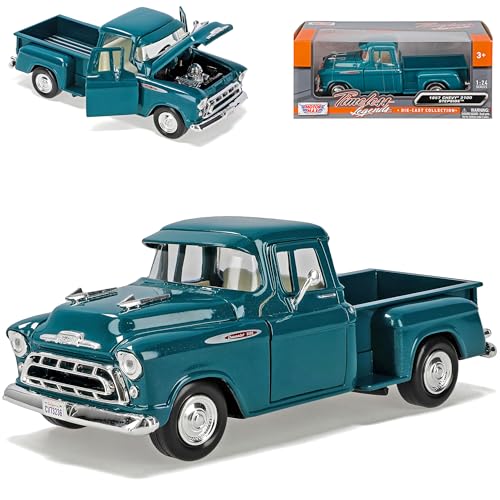 Motormax Chevrolet Chevy 3100 Stepside Pick-Up Grün Blau 1957 1/24 Modell Auto mit individiuellem Wunschkennzeichen