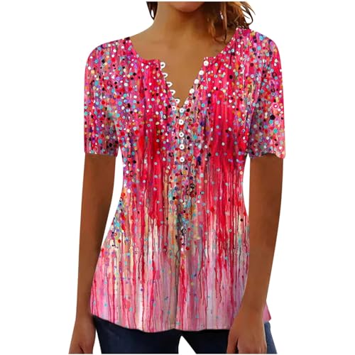 Damen Henley Shirt 2024 Komfortabel Baumwolle T-Shirt Damen V-Ausschnitt Tunika Tops Knöpfe Bluse Kurzarm Sommer Oberteile Blumen Bluse Longshirt Elegant Falten Tunika