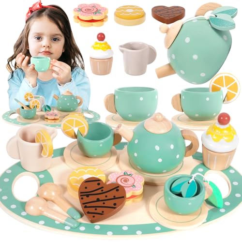 ENCOUN 17 Teeservice Kinder Holz Set, Tee Set Holzspielzeug, Teeparty Spielküche Rollenspiele, Tee Set Kinder Teeservice mit Dessert, Kinderküche Zubehör Geschenk für Kinder Mädchen Jungen