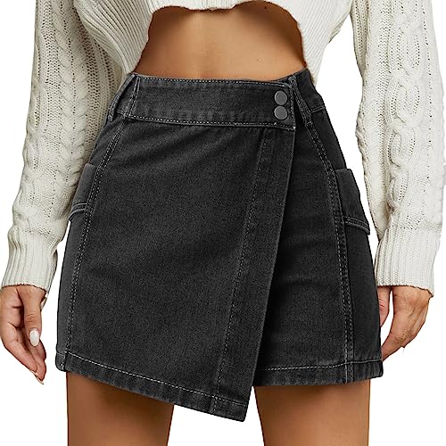 Röcke Lederoptik Casual Hohe Taille A-Linie Rock Taste Mini Denim Mit Tasche Lederrock Kurz Damen Schwarz(Schwarz,L)