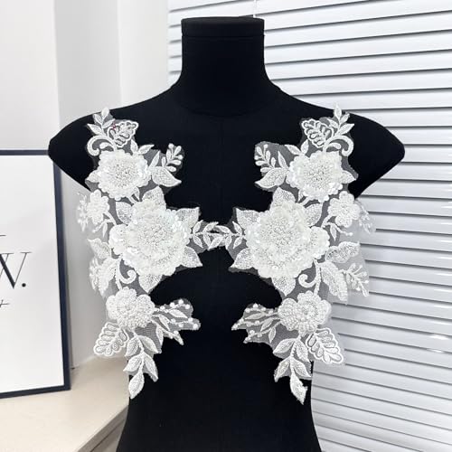 G-RUI 2 Stück/Paar Perlen Pailletten Stickerei Blume Spitze Applikationen für Hochzeitskleider Strass Spitze Applikation Patches Stickerei Parches ropa für Kleidung (weiß)