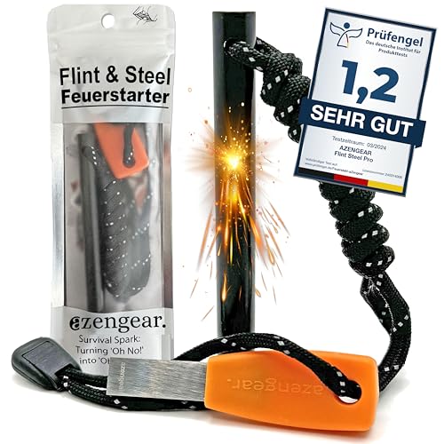 aZengear Feuerstahl, Camping-Feuerstarter aus Feuerstein und Stahl, 10mm XL Ferro Rod, Paracord, wasserdichtes Bushcraft Outdoor-Survival-Set