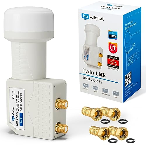 hb-digital Twin LNB (Test SEHR GUT *) LNC Kopf 2 Teilnehmer Direkt LTE Protected Satelliten Digital Sat Full HD TV 3D 4K UHD Kontakte vergoldet Wetterschutz Weiß White + 4X F-Stecker