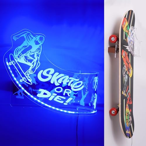 CoolGift Mart Light Up Skateboard Wall Mount, Acryl Skateboard Rack mit Skateboarding Muster blaue LED-Leuchten für Trick (Street oder Vert) Board Longboard Lagerung und Anzeige Geschenke