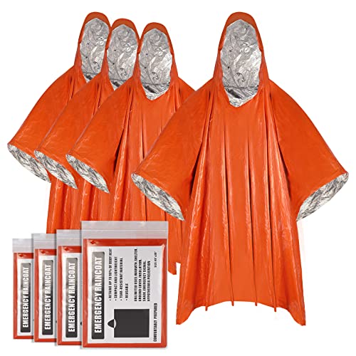 LAMA Notfall Regenponcho Rettung Poncho(4 Stück),Biwaksack Erste Hilfe Regenjacke,Ultraleicht Wasserdicht Notfalldecke, Wärmerückhaltung reflektierende Überlebensausrüstung für Wandern Camping, Orange