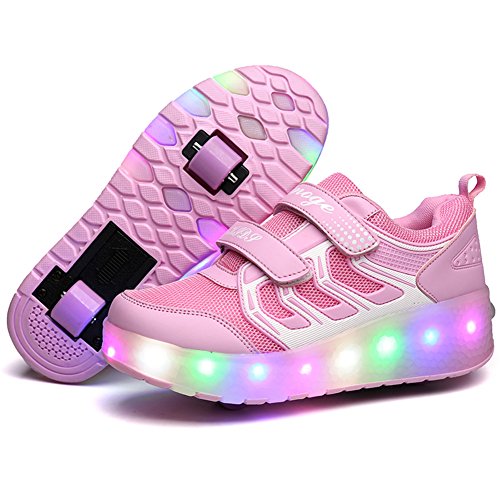 Lovelysi Unisex Jungen Mädchen LED Licht Skateboardschuhe mit Rollen Drucktaste Einstellbare,USB Wiederaufladbar,Inline Skates,Outdoor Sport Gymnastik Running Sneaker