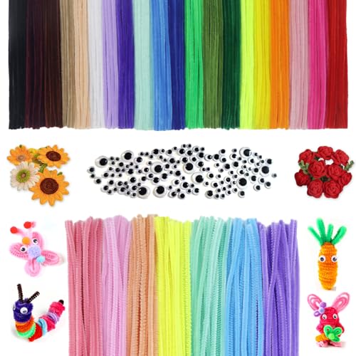 LLMtn 400 Stück 27Farben 300 Chenilledraht,100 wackelaugen selbstklebend,Pfeifenputzer Bunt zum Basteln,Macaron Farbe Pfeifenreiniger Bunt zum Basteln,Pipe Cleaner kulleraugen selbstklebend