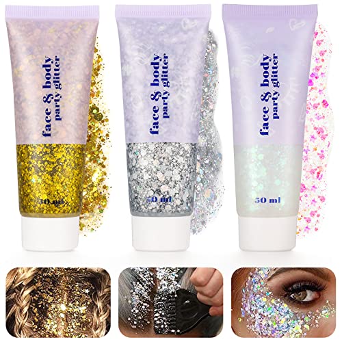 Xinstroe 3 Stück Body Glitter gel, Glitter Sequins Chunky Glitter Liquid Gel für Gesicht Haare Lippen Nägel Make Up Kosmetik Festival Party, Silber,Gold,Weiß