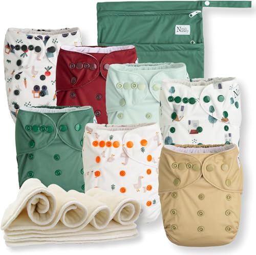 On The Farm Baby Cloth Pocket Diapers 7 Pack, 7 Bamboo Inserts, 1 Wet Bag by Nora's Nursery