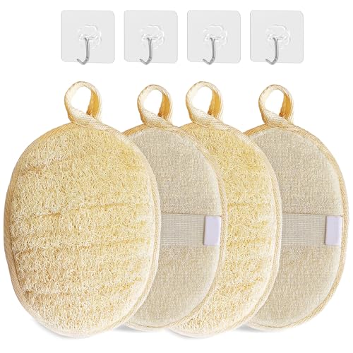 GmwyCzV 4 Stück Luffa Schwamm, Natürliche Loofah Körperbürste, Beige Peeling Schwamm Für Damen Und Herren, Duschschwamm Wiederverwendbar, Camping, SPA, Küche, Bad (Kommt mit 4 Transparenten Haken)