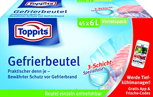 Toppits Gefrierbeutel Vorratspack, 6 Liter, 45 Stück, Standboden, Transparent
