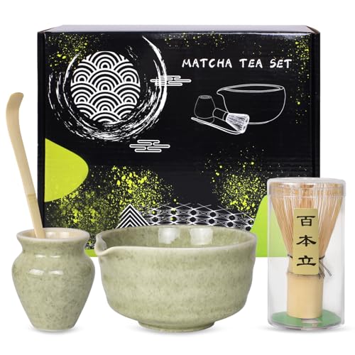 Matcha-Set, Matcha-Schale mit Ausguss, Matcha-Rührer,Matcha-Besen, Matcha-Löffel, Keramik-Matcha-Set, 4-teiliges Matcha-Tee-Set für Matcha-Liebhaber, perfekt für Matcha-Zubereitung