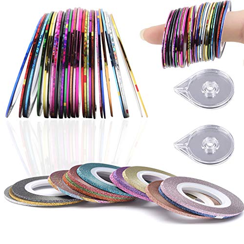 46 Rollen Nail Art Stripes Tape YUTOU Nail Striping Sticker DIY Selbstklebend Glitze Line mit 2 Stück Nagelbandspender für Nagel Kunst Dekoration Aufkleber DIY