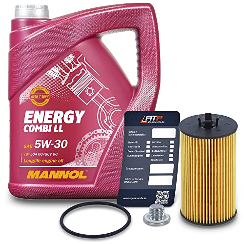 BESTPRICE Inspektionspaket Filterset mit 1x MANNOL Motoröl 5W-30 Energy Combi LL 5 Liter, 1x Ölfilter, 1x Ölablassschraube mit Dichtring, 1x Ölwechselanhänger