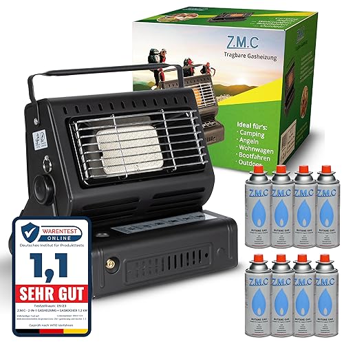 Z.M.C 2-in-1 Tragbare Gasheizung und Gaskocher mit LPG Anschluss + 8 Gaskartuschen 227g, Camping Heizung 1,3 kW, mobile Gasheizer für Outdoor mit Piezozündung