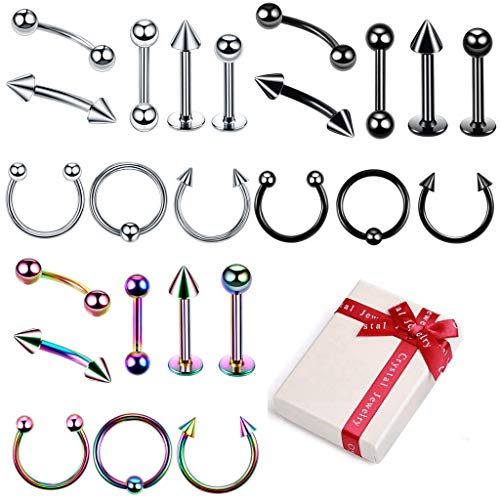 Crazy-M 3 Farbe Piercing Set 24 Stücke Chirurgenstahl Körperpiercing Stud Barbell für Augenbrauen Zunge Nase Ohr Lippe Brustwarzen Augenbrauen Helix Unisex Punk Piercing (1.2 * 8MM)