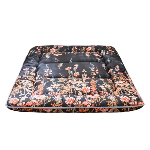 MAXYOYO Japanische Bodenmatratze Futonmatratze, Verdicken Tatami Matte Isomatte Faltbare Roll-Up Matratze Schlafsaal Matratzenauflage Bodenliege Kissen Bett (Schwarz Blumen, 150 x 200 cm)