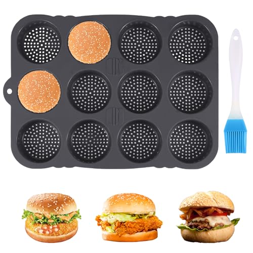 Hamburger-Brotbackform 12 Loch, runde Silikonform mit 8 cm Durchmesser für Brötchen, Hamburgerbrötchen und Muffins, XXL Backutensilien