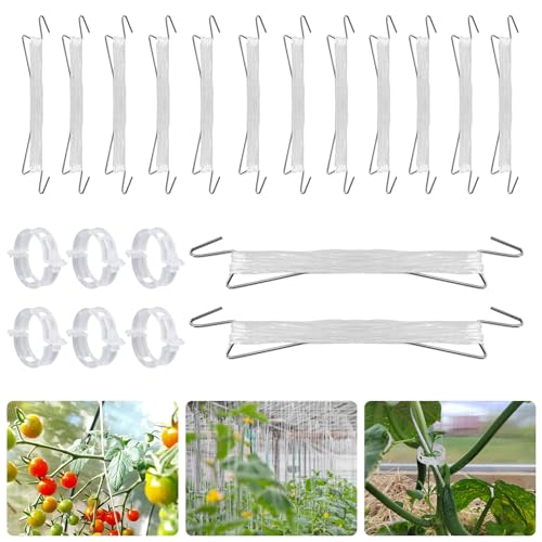 KINGLAKE Tomatenhaken mit Schnur, 20 Stück Tomatenhaken Metall mit 20 Stück Tomateclips und 10m Seil, Tomatenhalter, Tomaten Haken, Tomatenklammern, Tomaten Rankhilfe Für Kletterpflanzen Gemüse