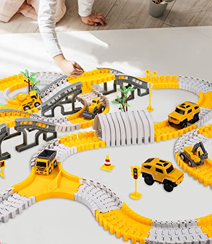 NEFLSI 305 Stück Konstruktion Rennstrecke Spielzeug mit 2 Spielzeugauto Mit Flexible Autorennbahn 272 Stück Kinderspielzeug Geschenke,Engineering-Track-Spielset Auto Geschenk für 3 4 5 6 7+ Jahre Alt