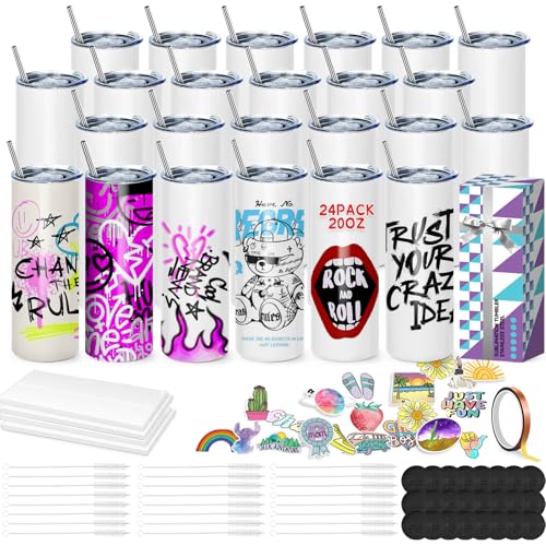 24 Stück Sublimation Rohlinge 20 oz Trinkhalm für Tassen, White Straight Bulk Edelstahl Tumbler, Sublimationsbecher für Wärmeübertragung, mit Deckel und Stroh, Schrumpffolie, einzeln verpackt