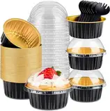 KAHEIGN 50Pcs Mini-Kuchen Förmchen Backförmchen Aluminiumfolie Muffinförmchen Cupcake Formen, 150ml Runde Backformen Kuchenförmchen mit Deckel, Cupcake Schüssel für Dessert