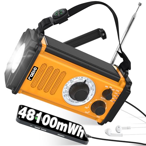 48100mWh/13000mAh Solar Kurbel Notfall Radio, 5-Wege Tragbare AM FM Dynamo Weltempfänger Radio, USB Handy-Lader,800LM Campinglampe| Leselampe,SOS Alarm,Kompass für Blackout Notfallausrüstung Überleben