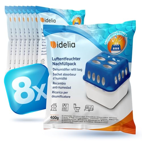 Idelia® 8x Luftentfeuchter Granulat 400g (Sparvorteils 8er Set Luftentfeuchter Nachfüllpack's) I Entfeuchter Nachfüllpack (Schimmel- und Geruchsschutz)