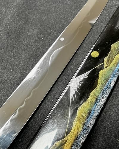 Japanisches Sakimaru Yanagiba (Sashimi) Messer 330 mm Yoshikazu Ikeda Spiegel Mond-Fuji Wasser Honyaki Urushi Griff mit Urushi-Scheide (Sakimaru mit Moon-Fuji Urushi-Scheide)