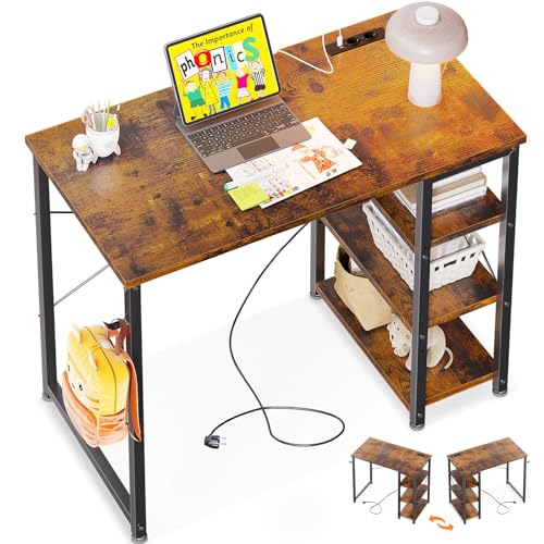 ODK Kleiner Schreibtisch, 80x40x75cm Computertisch mit 3 Steckdose und USB & Typ C Ladeanschluss, PC Tisch mit Umkehrbarem Regal Tisch Klein fürs Büro, Wohnzimmer, Braun