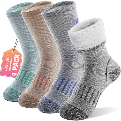 Merino Wandersocken für Kinder Mädchen Jungen Wolle Socken Dicke Thermosocken Warme Sportsocken Trekking Wintersocken Weihnachtssocken Geschenke Kindersocken 4 Paare(Grün/Orange/Blau/Grau,8-12 Jahre)