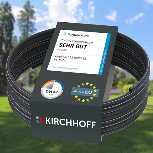 Kirchhoff Wasserleitung für Gartenbewässerung 25 mm x 50 m | PE Rohr für Sprinklersystem | Verlegerohr HDPE | DVGW | Trinkwasserleitung | Made in EU