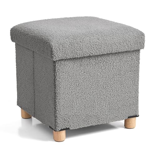 BRIAN & DANY Sitzhocker mit Stauraum, Teddy Fleece Fußhocker mit Holzfüßen, Fußhocker mit Stauraum, Sitzhocker für Wohnzimmer, Schlafzimmer, Grau, 38 x 38 x 38 cm