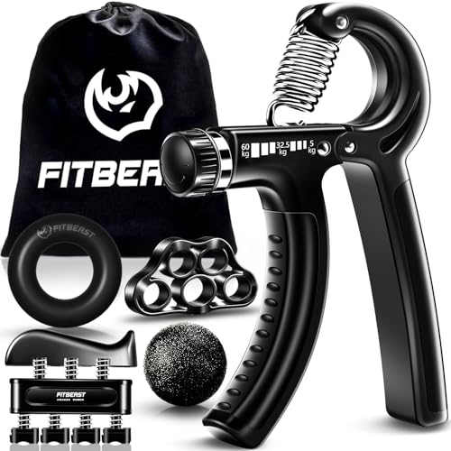 FitBeast Handtrainer Fingertrainer, Verstellbarer Griffkraft Trainingsset - 5er-Pack, Finger Trainingsgerät, Handgelenk Trainer, Trainingsring & Stressabbau-Griffkugel, Schwarz