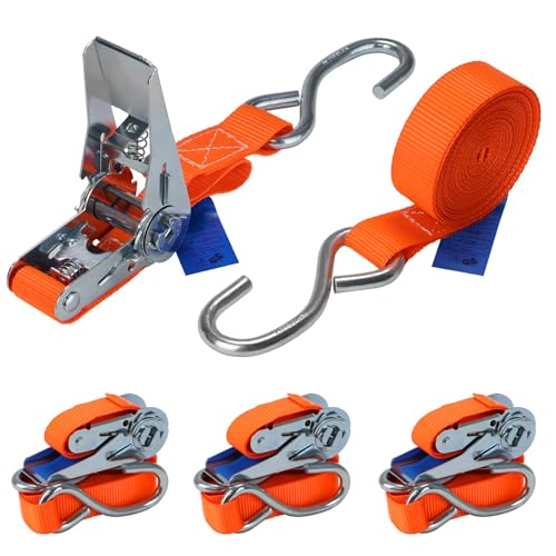 Spanngurt mit Ratsche und S Haken 4er Set 700 kg Zurrgurt DIN EN 12195-2 Ratschengurt 2-teilig orange 4 m oder 6 m, 25 mm breit - 4er Pack 2.5 cm x 4 m