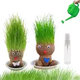 HBSFBH Graskopf Puppenpflanze, 2PCS Wachsende Graskopf Puppenpflanze, Graskopf Wachsende, Graskopf Puppe Mit Tablett, Mini Bonsai Gras Kopf Figure Puppen, Kinder Handwerk DIY Lustiges Geschenke