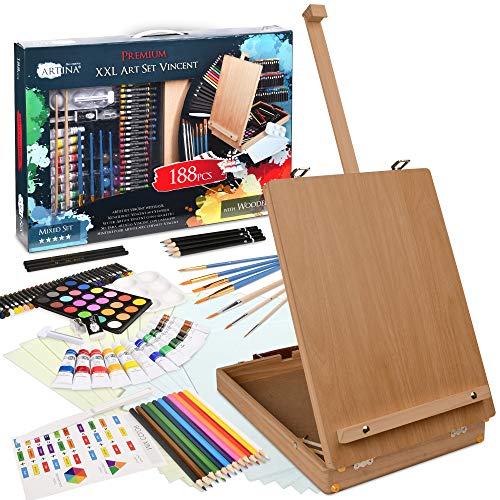 Artina 188tlg Malset Vincent mit Kofferstaffelei - XXL Malkoffer Set mit Acrylfarben, Ölkreide, Aquarelle, Pinselset uvm - Künstlerset mit Staffelei Koffer für Einsteiger & Hobbymaler