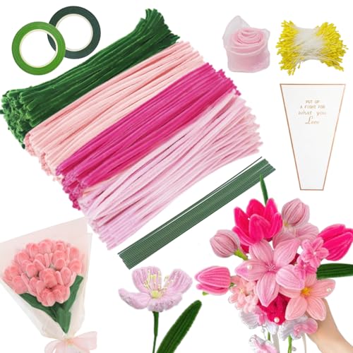 YSUVIN Pfeifenputzer Zum Basteln, 400 StüCk Pfeifenreiniger Blumen Set, 4 Farben Rosa Grün Pfeifenreiniger Zum Basteln mit Blumendraht, Blumen Staubblatt, Blumentasche für Blumenstrauß DIY Dekor