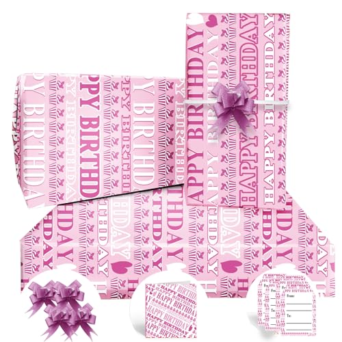 Geschenkpapier Rosa,Geschenkpapier Geburtstags 85 * 60cm,4 Blatt Geschenk Papier Mit 4 Rosa Fliege,2 Geburtstagskarte,4 Geschenkanhänger,Geschenkpapier Set Für Kinder,Mädchen,Jungen,Frau,Mann,Baby