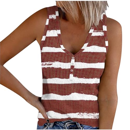 Knöpfen Print Damen Tank Top Gestrickt Gerippt V-Ausschnitt Ärmellos Hemd Gestrickt Sommerweste Tanktops Frauen Elegant Casual Gedruckt T-Shirt Oberteile Graphic Schlanke Passform