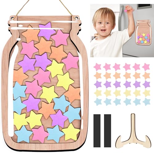 Belohnungsglas Magnetisch Belohnungssystem Kinder Belohnungssystem Grundschule Lehrerbedarf Belohnungsglas mit Holzhalter und 20 Sterne, 14.5 * 21CM Belohnungsglas Klassenzimmer für Gutes
