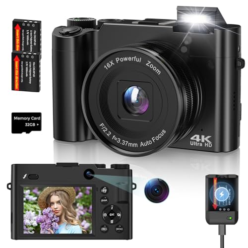 Digitalkamera,4K 64MP Fotokamera Autofocus mit 16X Digital Zoom,Anti-Shake,Dual-Kameras,Vlogging Kompaktkamera mit 32GB Karte,2 Akkus,Charger für Jugendliche, Einsteige