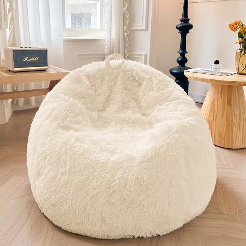 XeGe Fauxfur-Kuschelsack-Bezug (ohne Füllung), Fluffiger Bezug für Sitzsack als Spielzeugaufbewahrung oder Dekoration für Zuhause, Großer Kuscheliger Sitzsackbezug für Erwachsene und Kinder, Beige