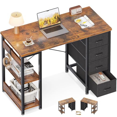 Coleshome Kleiner Schreibtisch mit 4 Schubladen, 100x40cm Schreibtisch mit Stauraum, Umkehrbarer Computertisch mit Regalen PC Tisch für Büro Arbeitszimmer Schlafzimmer, Braun