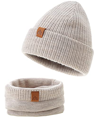 AHAHA Beanie Kinder Jungen Stricken Wintermütze Jungen Warm Mütze und Schal Kinder Beige