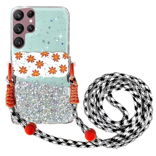 Rnrieyta Miagon Handykette Hüll für Samsung Galaxy S22 Ultra Glitzer Durchsichtig Case mit Universal Blume Telefon Clip Kordel zum Umhängen Handyanhänger Halsband Lanyard