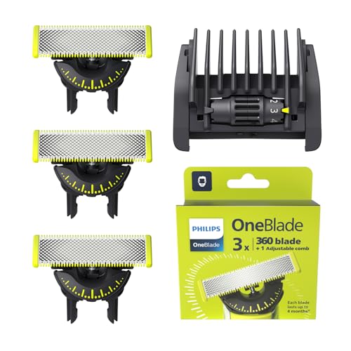 Philips OneBlade 360 Klingen - 3x 360-Ersatzklingen, 1x einstellbarer 5-in-1-Kammaufsatz zum Trimmen, Stylen und Rasieren, QP437/50