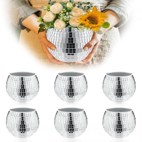 MXOYOXM Discokugel-Vase, silberfarbene Spiegelkugel-Vasen, Discokugel-Pflanzgefäß, Glas, silberfarbener Kerzenhalter, Discokugel, weiße Vasen für Tafelaufsätze, Tischdekorationen, Party, Hochzeit,