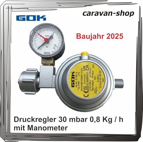 Druckminderer Druckregler 30 mbar mit Manometer 0,8 kg/h für Caravan Wohnmobil Wohnwagen mit Manometer PS 16 bar 2025